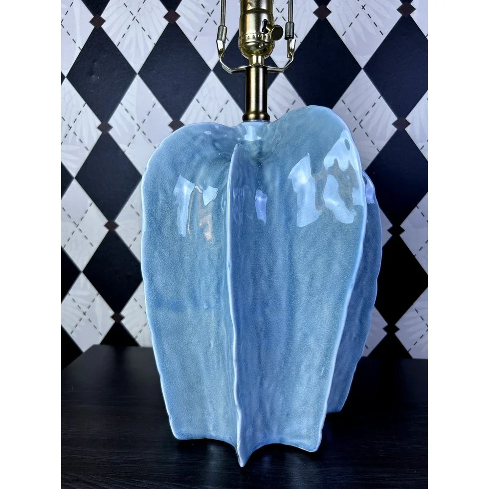 Large Sculptural Blue Pottery Table Lamp Fluted Statement Lighting 25